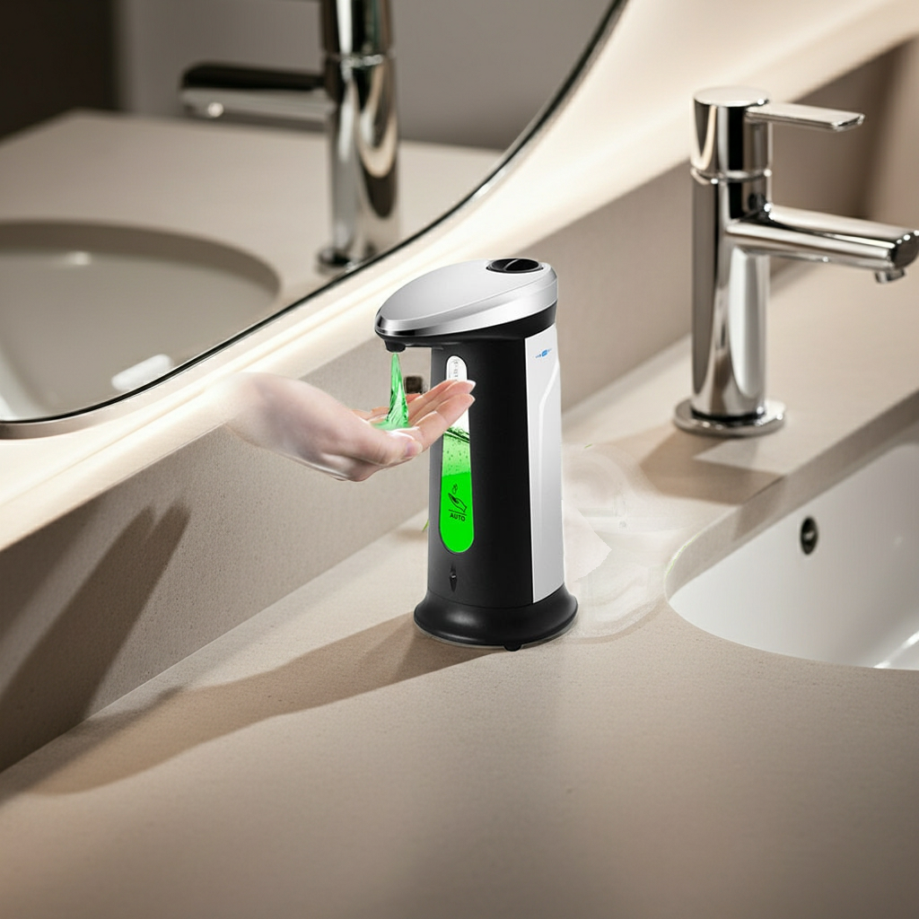 Hands-free automatic soap dispenser in a modern bathroom sink setup